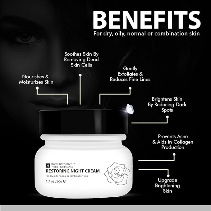 Restoring Night Cream for Face, Anti-Aging Moisturizer with Hydro-Rich Essence. Skin-renewing face cream for a hydrated, youthful look. Size: 1.7 oz.