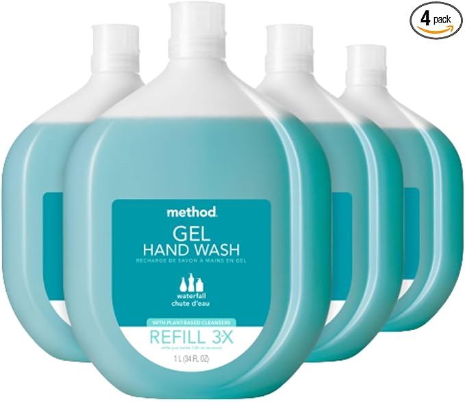 Method Gel Hand Soap Refill, Waterfall, Recyclable Bottle, Biodegradable Formula, 34 oz (Pack of 4) (Packaging May Vary)