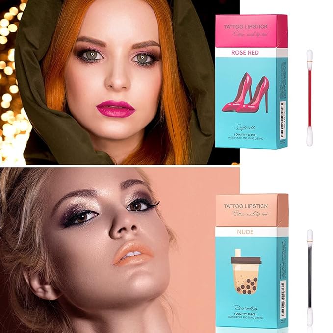 FLIPNEX 20Pcs Cotton Swab Tattoo Lipstick, Tattoo Lipstick Cotton Swab Lip Tint, Waterproof and Long Lasting Liquid Non-Stick Portable Lip Gloss (Pink)
