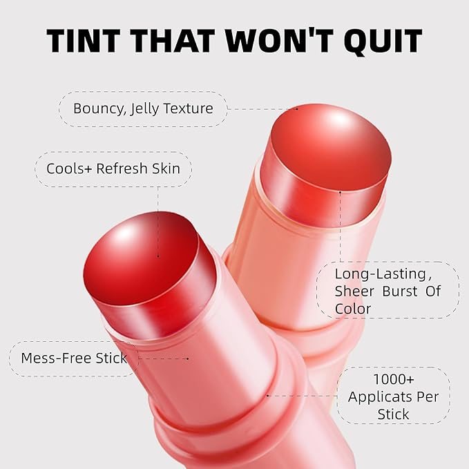 Cooling Water Jelly Tint, Makeup Lip Tint Jelly Blush Stick, Jelly Blush Stick Lip Stain, Sheer Lip & Cheek Stain, 1,000+ Swipes Per Stick, Vegan, Cruelty Free, Buildable Watercolor Finish (Rose Pink)