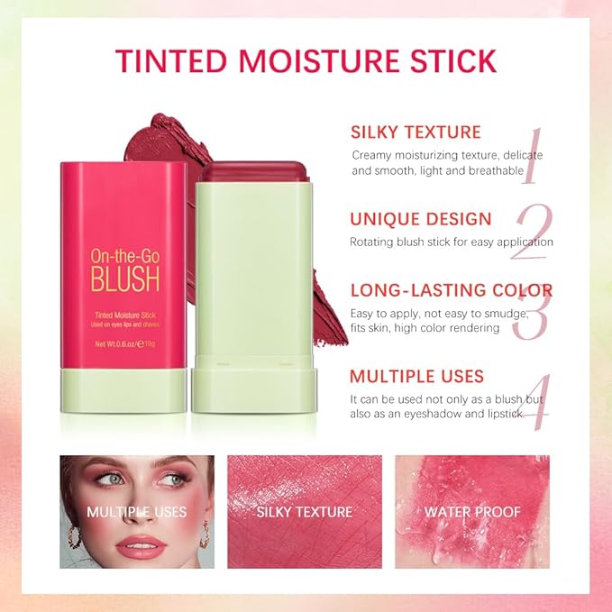 Soft Creamy Blush Stick,On-the-Go Blush,2-in-1 Cheek and Lip Tint,Waterproof Hydrating Solid Natural Moisture Smooth Blendable Matte Finish Face Blush Makeup,03 coral orange