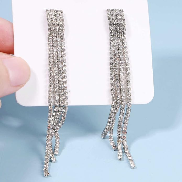 Boho Rhinestone Tassel Earrings Long Fringe Drop Dangle Earrings Silver Crystal Chain Tassel Earrings Vintage Chandelier Chain Studs Earrings Luxury Statement Earrings Jewelry for Women and Girls Gifts