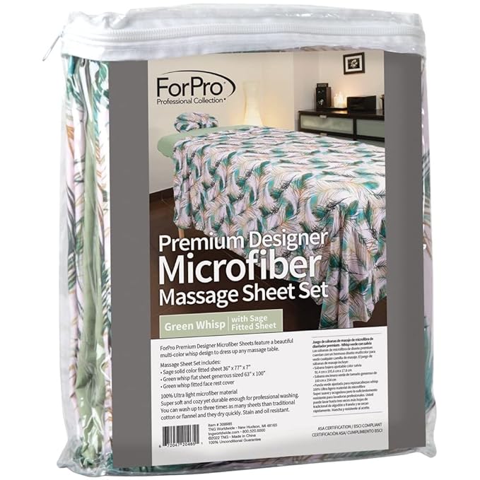 ForPro Professional Collection Designer Microfiber 3-Piece Massage Sheet Set, Green Whisp with Sage, Ultra-Light, Stain, and Wrinkle-Resistant Includes Flat and Fitted Sheet and Face Rest Cover