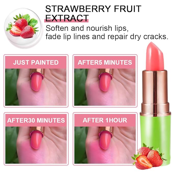 evpct 2Pcs Strawberry Color Changing Lipstick Tinted Lip Balm Gloss Stain Set Magic PH Color Changing Flower Lazy Korean Jelly Lipstick Makeup Set labiales mate 24 horas originales labial magico