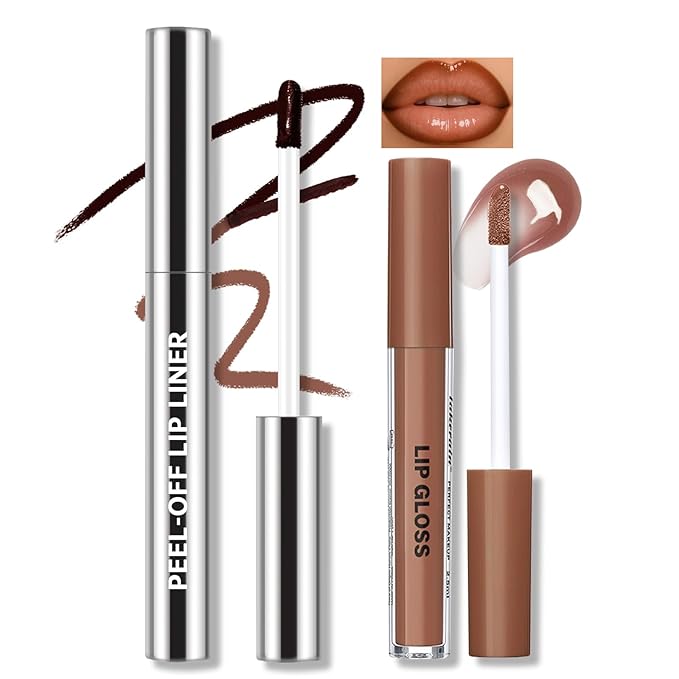 Dark Brown Peel Off Lip Liner Stain Tattoo with Nude Lip Gloss Glow Oil, Non-Stick Cup High Shine Lip Combo Waterproof Long Wear Lightweight Glossy Lipstick Makeup