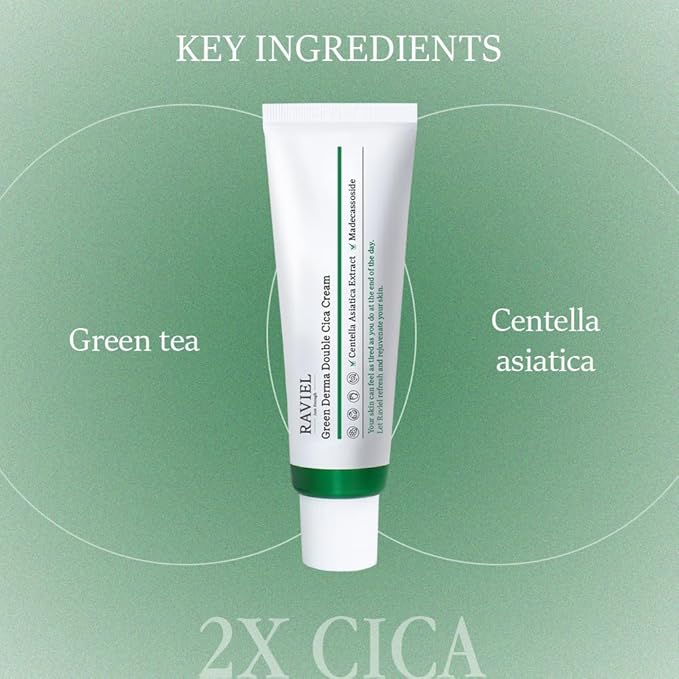 RAVIEL Green Derma Double Cica Cream | Redness relief for face | Calming & Soothing Skin barrier moisturizer for Sensitive Skin | Korean skin care (1.69 fl oz, Pack of 2)