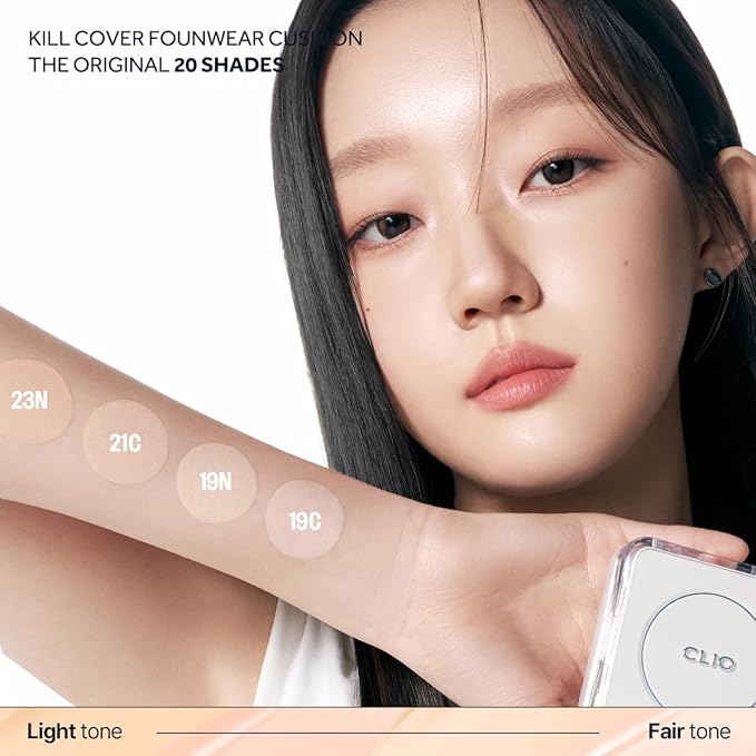 CLIO Kill Cover Founwear Cushion The Original – 20 Shades, Buildable Light to Medium Coverage, Natural Finish, Korean Makeup Foundation, Long-Lasting Skin Fit,19C LIGHT