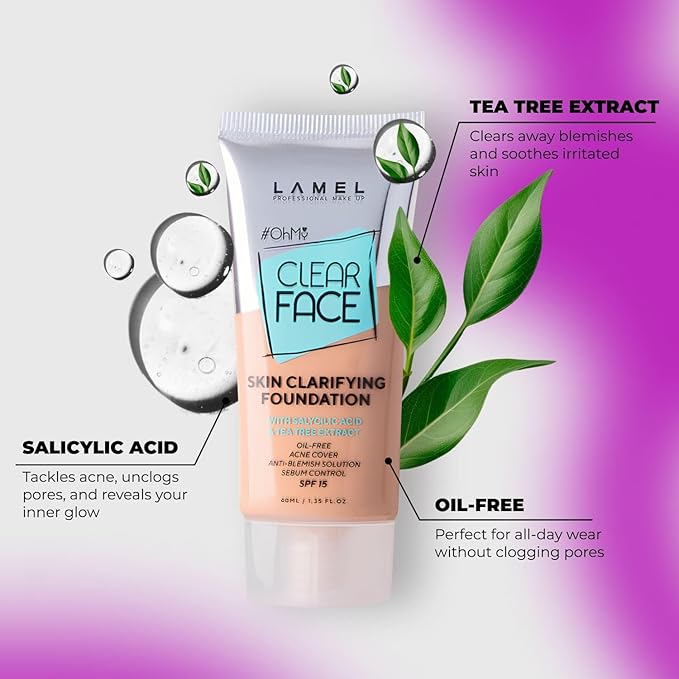 Lamel- Oh my Clear Face Foundation-405 Buff Beige | Contains tea tree extract and salicylic acid |Controls sebum production |Anti-blemish formula |Oil free foundation | 40ml