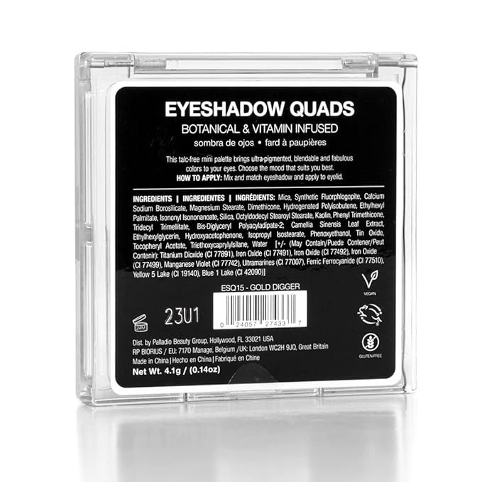 Palladio Eyeshadow Quads, Velvety Pigmented Blendable Matte, Metallic & Shimmer Finishes, Creamy Formula, Four Way Quad Eye Shadow Palette, Talc-Free (Gold Digger)