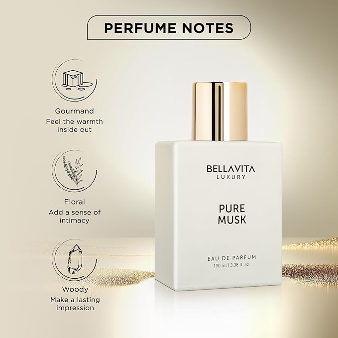BELLAVITA Luxury Pure Musk Unisex Perfume | Notes of Lily of the Valley, Sandalwood and Tonka | Long Lasting Eau De Parfum for Men and Women | Premium, Woody, Animalistic Fragrance