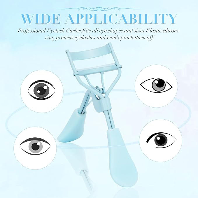 Eyelash Curler with Pads, Lash Curler with 10 Extra Silicone Replacement Pads, Comfortable Grip for Effortless Curling – Eyelashes for The Perfect Eye Contour (Crystal Blue)