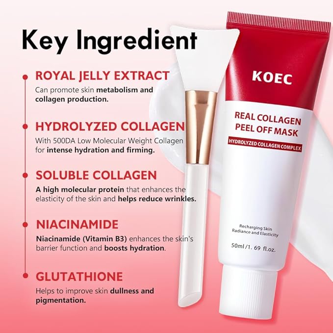 KOEC Real Collagen Peel Off Face Mask,Collagen Overnight Wrapping Facial Mask,Deep Hydrating & Restores Elasticity & Refine Pores,Hydrolyzed Collagen with 500 DA for Glass Glow Skin,1.69 fl.oz