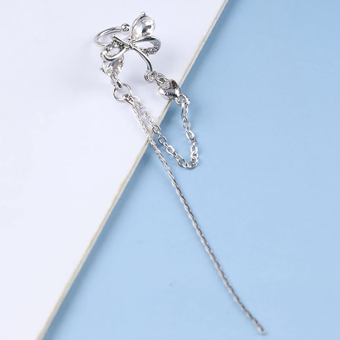 Vintage Crystal Bow Ear Cuff Earrings Rhinestone Bow Cuff Earrings Silver Long Chain Tassel Earrings Cz Chain Dangle Earrings Jewelry for Women