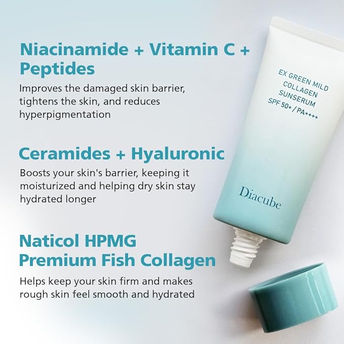 EX Green Mild Collagen Daily Sun Serum, 2.03 Fl Oz SPF 50+ PA++++ | No White Cast | Lightweight Sunscreen Moisturizer | Skin-Friendly, Safe, Clean Ingredients | Lotion-Like Texture | K-Beauty