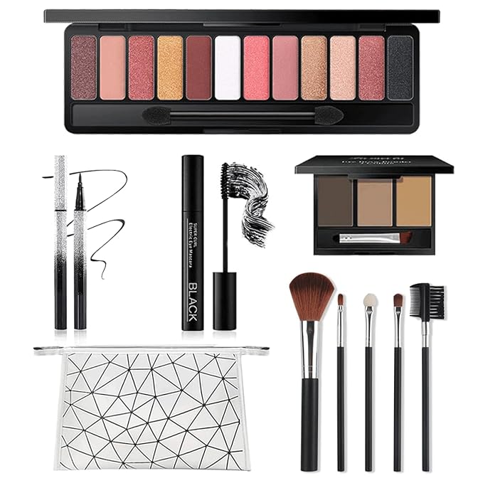 All in One Makeup Kit for Women Full Kit, Includes 12 Colors Eyeshadow Palette, Lash Mascara, Liquid Eyeliner, Eyebrow Powder, 5 Pcs Makeup Brush and Cosmetic Bag, Makeup Gift Set for Women & Teens