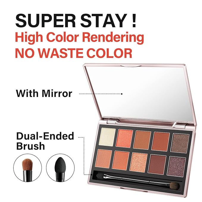 10 Color Eyeshadow Palette, Matte, Shimmer, Glitter Pigment Eye Shadow Makeup Pallete, Neutral Nudes Sunny Orange Eye Makeup Palette with Brush & Mirror, 01.Sunset