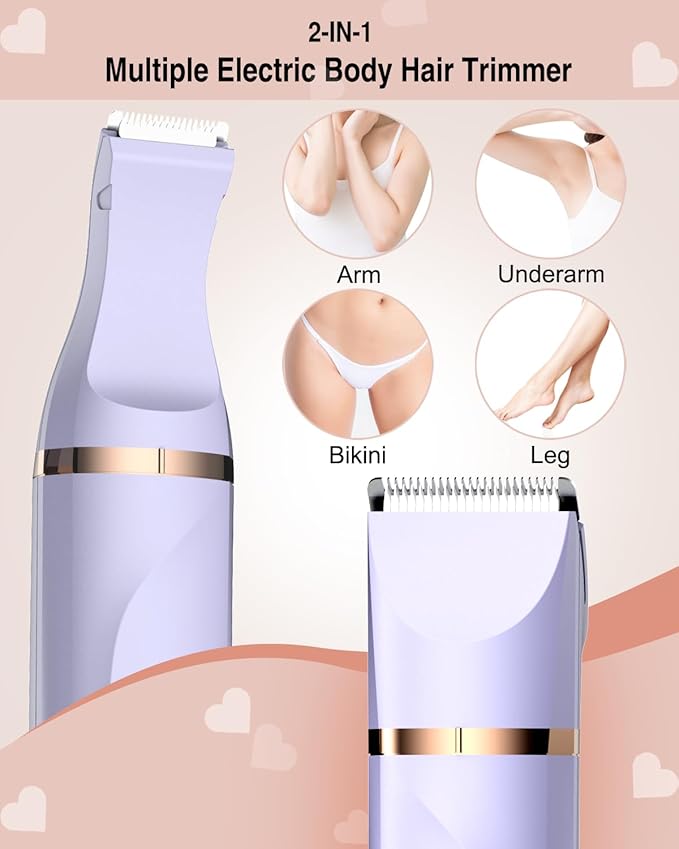 Bikini Trimmer for Women,Painless Electric Razor for Pubic Hair,Rechargeable Body Hair Trimmer,Electric Shaver Removal with Snap-in Ceramic Blades IP7X Washable Head,Wet and Dry Use, Light Purple