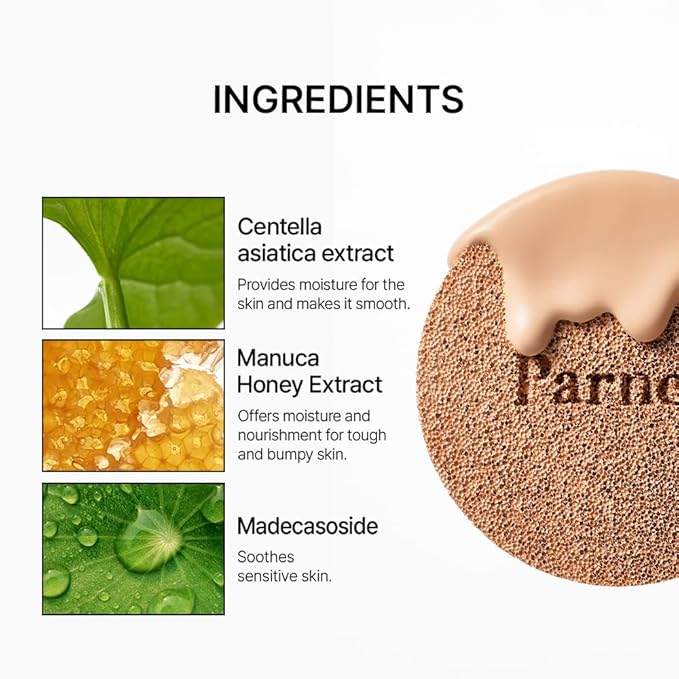 Parnell Cicamanu Serum Cushion - Moisturizing Foundation for Soothing, Coverage, Glass Skin and Lightweight for Sensitive and Dry Skin Pearl Skin (0.52 Fl Oz) (21C)