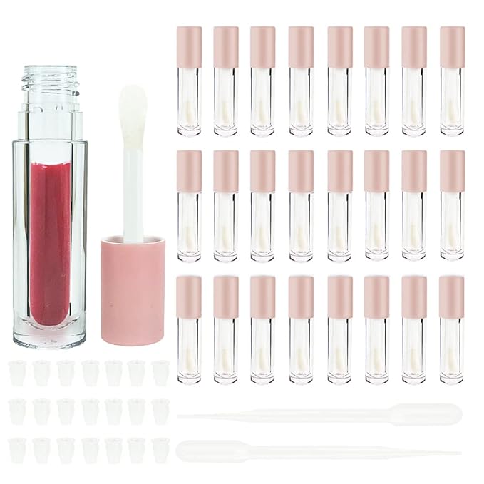 COSIDEA 24 pcs Empty 5ml big brush lip gloss tube Pink round lipgloss tubes container with big doe foot wand cosmetic packing containers