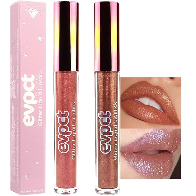 evpct 2Pcs Bronze Gold Nude Gold Matte to Glitter Liquid Lipstick Set for Women Long Lasting Glossy Metallic Shimmer Sparkle Lipstick Lip Gloss 5+14
