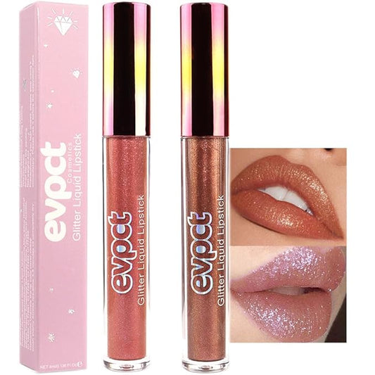 evpct 2Pcs Bronze Gold Nude Gold Matte to Glitter Liquid Lipstick Set for Women Long Lasting Glossy Metallic Shimmer Sparkle Lipstick Lip Gloss 5+14