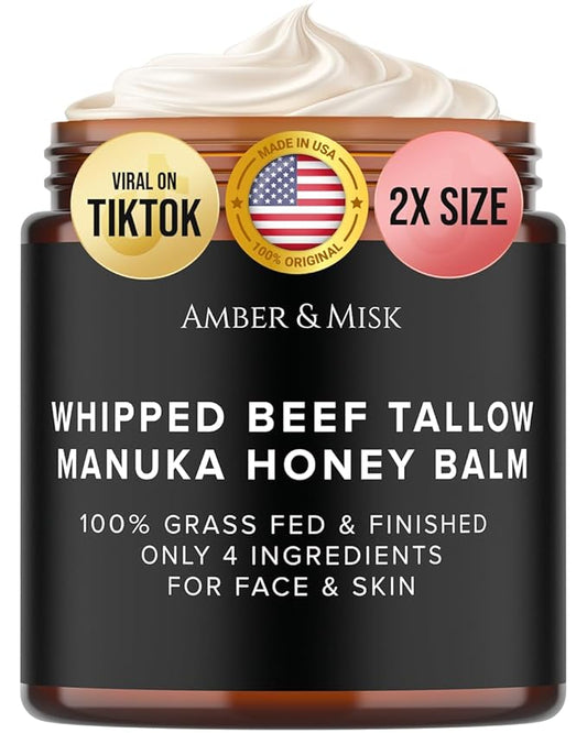 Whipped Beef Tallow and Honey Balm, 100% Grass Fed Beef Tallow Balm, Grass Finished Organic Beef Tallow for Skin, Face Wrinkles, Acne, No Fragrances, Made In USA Products Only, TikTok Trend Items