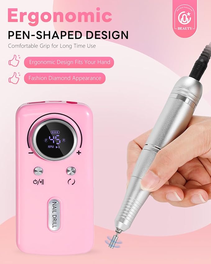 CozyZen Cordless Nail Drill Professional: 45000 RPM Rechargeable Electric Nail File Kit, Portable & Low Noise for Acrylic, Gel Nails, Manicure & Pedicure - Salon & Home Use