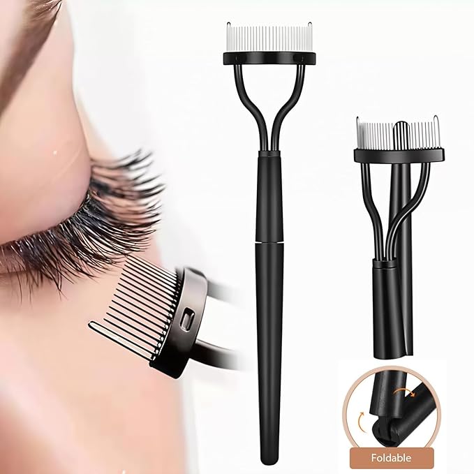 Stainless Steel Eyelash Curler with Comb and Eyelash Brush Fit Suitable for Any Eye Shapes and Sizes, with 5 Silicone Refill Pads (Black Set)