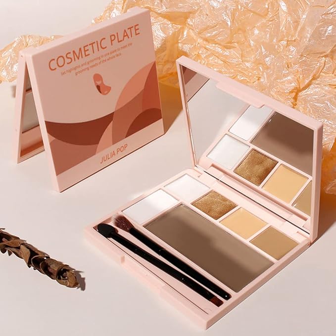 Pro Cream Highlight and Contour Palette Kit with Mirror & Brush for Women. White Silver Gold Highlight Brown Face Correcting Concealer Palette