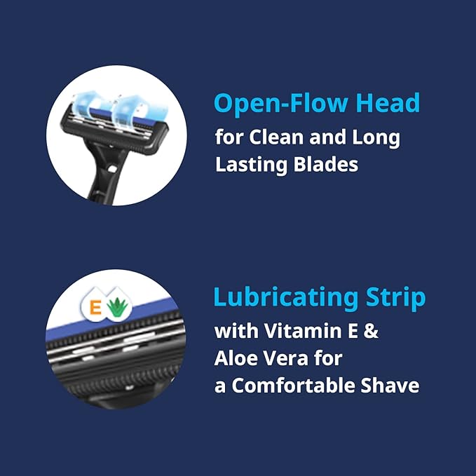 Dorco Pace 2 Plus Disposable Razor, 2 Blades, Pivoting Head, Open-Flow for Easy Rinsing, Lubricating Strip, Long Non-Slip Rubber Handle (60ct)