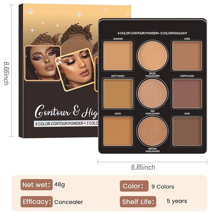 Professional Light Medium Brown Contour Highlight Palette,Multiple Full Coverage Makeup Palet for Correcting, Easy Blending, Long-lasting formula, Sculpt & Highlighting,Matte and Shimmer Finish-9A