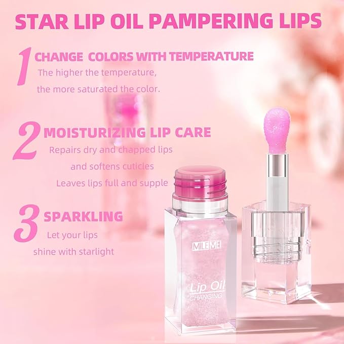 2PCS/Set MILEMEI Color Changing Lip Oil Magic Moisturizing, Big Brush Plumping Lip Oil, Plumping Glimmer Glow