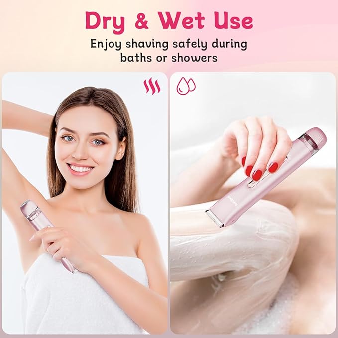 Bikini Trimmer for Women, 2-in-1 Electric Lady Shaver for Bikini Line & Sensitive Areas – IPX7 Waterproof Wet & Dry Razor for Underarms, Legs, Arms, Body & Face, USB-C Rechargeable, Pink