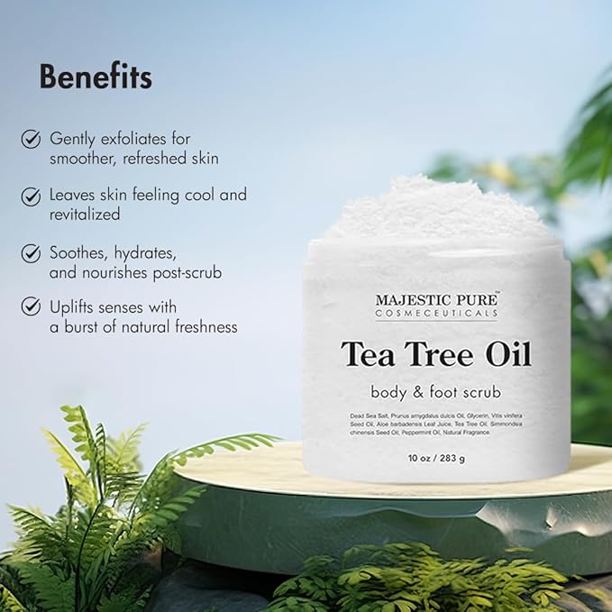 MAJESTIC PURE Tea Tree Foot & Body Scrub with Tea Tree Oil, Exfoliating Salt Scrub to Exfoliate & Moisturize Skin, Deep Cleansing - 10 oz