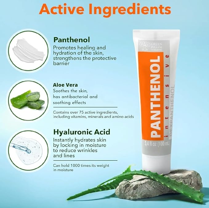 9% Intensive Panthenol Cream with Aloe Vera & Hyaluronic Acid | Deep Moisturizing, After Sun & Tattoo Care, Hair Transplant for All Skin Types, 3.4 Oz/ 100 ml