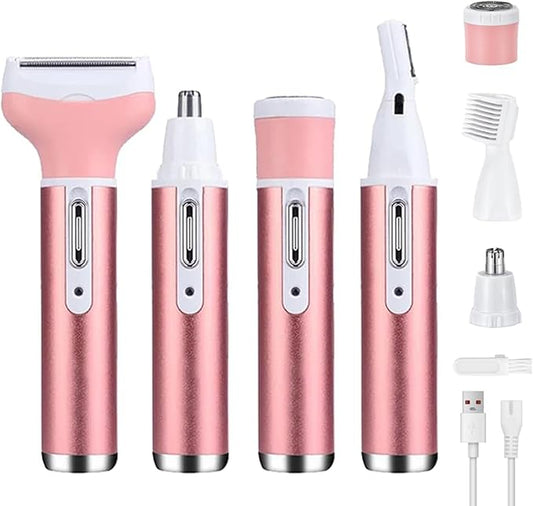 4-in-1 Electric Razor for Women - Painless Facial Hair Removal, Bikini Trimmer, Eyebrow & Body Groomer - Rechargeable Hair Clippers Set for Underarms, Legs & Nose
