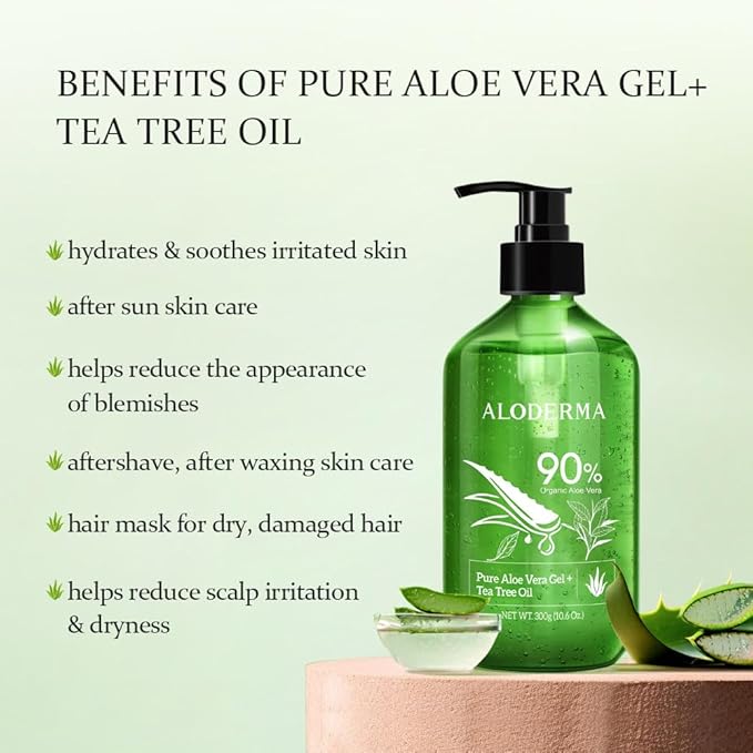 Aloderma Organic Aloe Vera Gel for Skin + Tea Tree Oil, Made within 12 Hours of Harvest, Soothing Pure Aloe Vera Gel for Face, Works Great for Scalp, Acne & Aftershave, All Natural Aloe Gel - 10.6 Oz