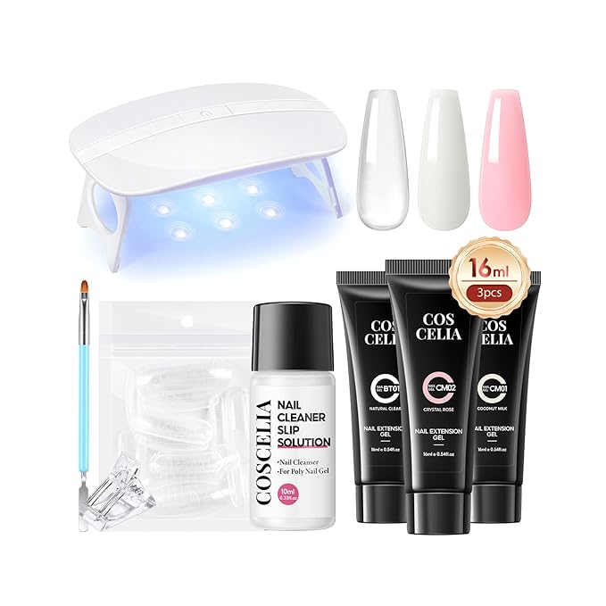 COSCELIA Poly Nail Gel Kit Starter Kit with U V Lamp 3PC Coscelia Poly Extension Gel for Beginners Clear Pink White Nail Art Quick Building Gel Manicure Kits Gift for Women DIY at Home