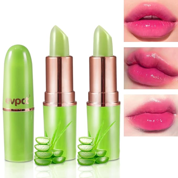 evpct 2Pcs Aloe Vera Lip Color Changing Lipstick Tinted Lip Balm Set Green Magic PH Lipstick Color Change Changing Crystal Flower Jelly Lipstick Gloss Stain Makeup Set for Women Girls Waterproof
