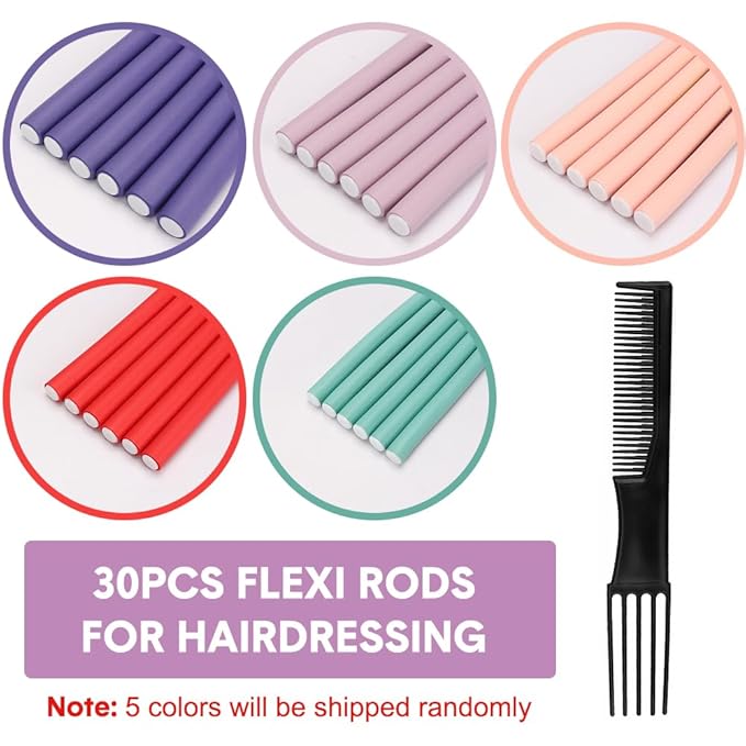 AIDUCHO Flexible Hair Curlers to Sleep in, 30PCS Flexi Rods (9.45" and 5 Sizes 0.39"-0.78"), No Heat Heatless Curling Set for Short Medium Long Hair