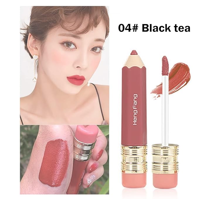 2 Color Pencil Shaped Lip Gloss,Matte Hydrating Liquid Lipstick for Women Long Lasting Lip Tint Non-sticky Nourishing Lip Glosses Set (Black tea+Carrot)