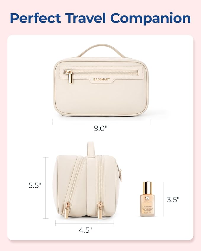 BAGSMART Travel Makeup Bag, Portable Make Up Bag, Wide-open Makeup Organizer Cosmetic Bags for Women for Travel Essentials Travel-Size Toiletries Accessories Bottles, Brushes (Beige)