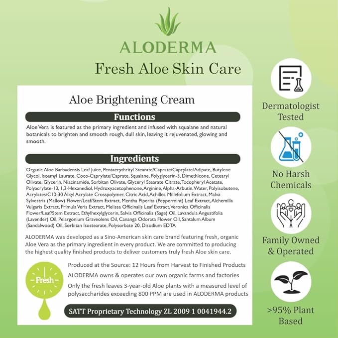 Aloderma Brightening Facial Cream - Made with 69% Organic Aloe Vera - Natural Skin Brightening Squalane & Niacinamide for Flawless Complexion, 1.7oz