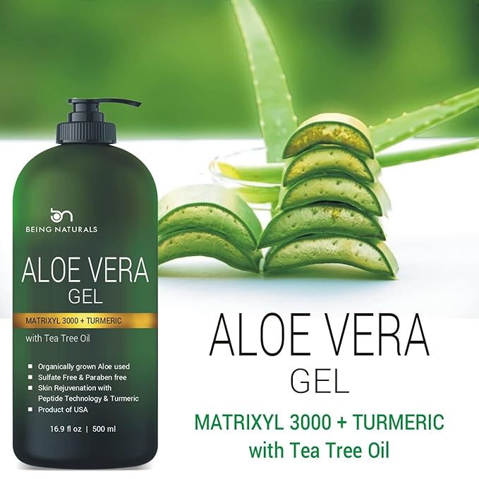 Aloe vera Gel - from 100% Pure Organic Aloe Infused with Matrixyl 3000 (Peptides), Turmeric - Natural Raw Moisturizer for Face, Body, Hair. Perfect for Sunburn, Acne, Razor Bumps 16.9 fl oz