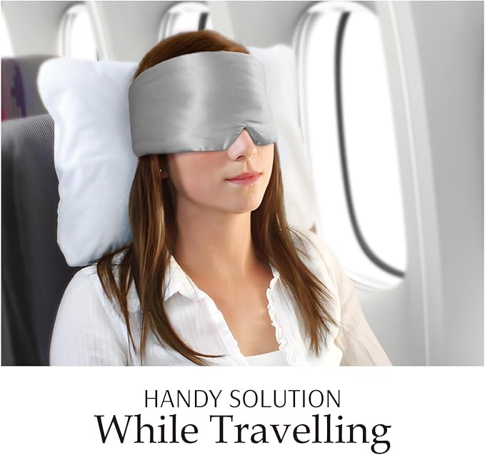 Zenssia 100% Mulberry Silk Sleep Mask Eye Mask for Man and Woman with Adjustable Headband, Full Size Large Sleep Mask & Blindfold for Total Blackout for All Night Sleep, Travel & Nap-Silvergrey