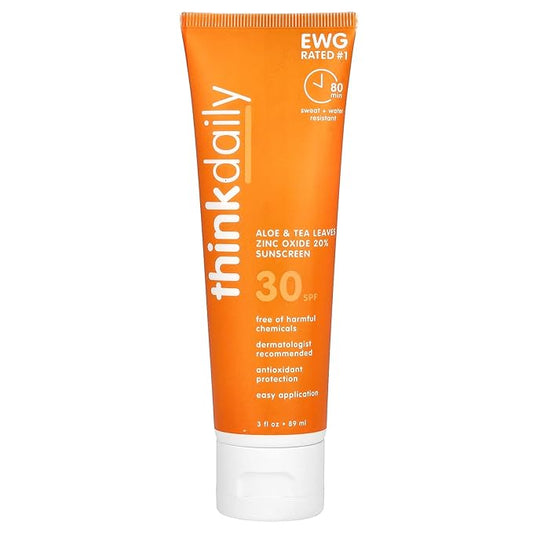 Thinkdaily Mineral Sunscreen, SPF 30 Zinc Oxide Sunscreen with Aloe & Tea Leaves, 3 Fl Oz, Natural, Water Resistant Reef Safe Sunscreen, Broad Spectrum UVA/UVB Sun Screen for Sun Protection