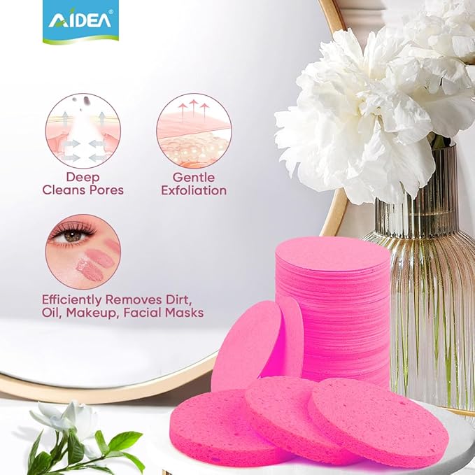 AIDEA 96Count Compressed Facial Sponges Pink, Round Face Sponges for Cleansing, Natural Cellulose Cosmetic Spa Sponges for Washing Face, Exfoliating, Makeup Removal, Travel Essentials for Women