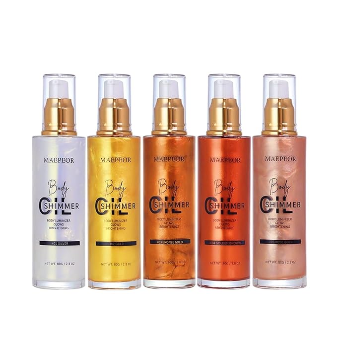 MAEPEOR Shimmer Body Luminizer 5 Colors Moisturizing Glow Illuminator Smooth and Non-sticky Summer Body Highlighter For Face & Body (80ML, 02 Gold)
