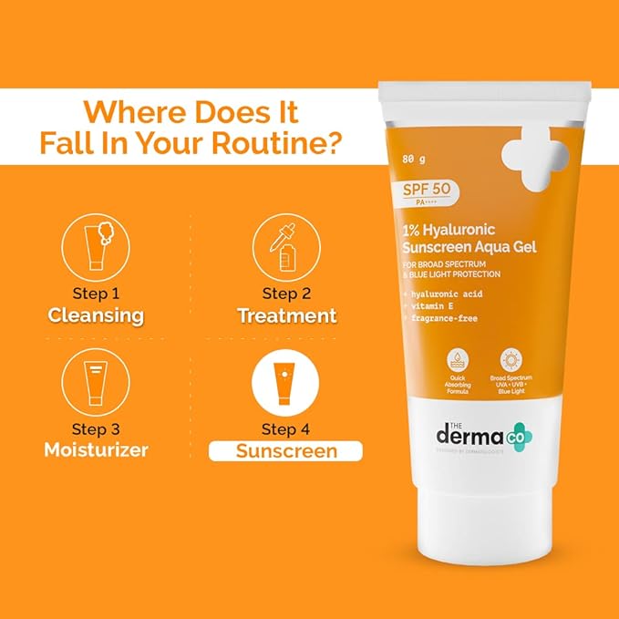 1% Hyaluronic Sunscreen SPF 50 Aqua Gel, PA++++, Lightweight, No white-cast for Broad Spectrum & Blue Light Protection for Oily, Dry, Acne-prone Skin - 80g