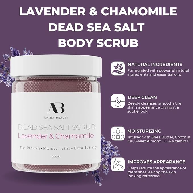Amira Beauty Dead Sea Salt Body Scrub | Lavender & Chamomile | Foaming Shower Scrub with Organic Essential Oils | Exfoliates and Moisturizes Skin | 7 OZ